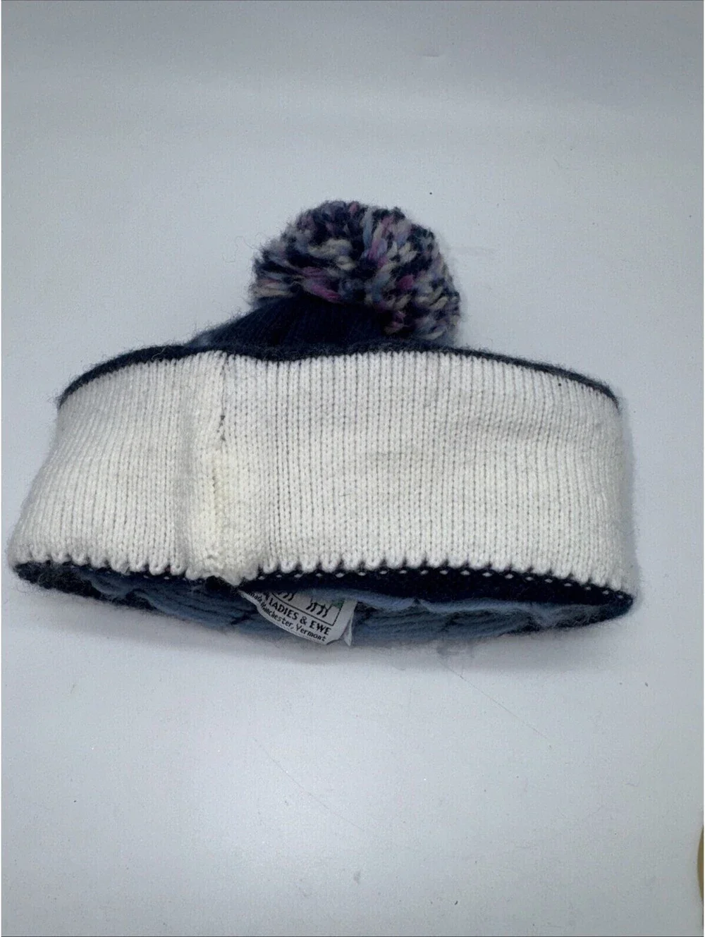 Mountain Ladies and Ewe Navy Purple Pom Pom Sk Hat Wool Made in Vermont Vintage